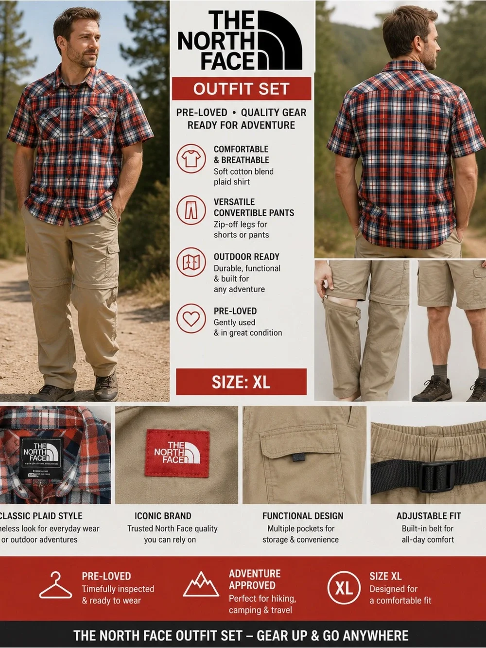 The North Face Size XL Khaki Convertible Pants‎ Zip Off & Red Plaid Shirt Outfit